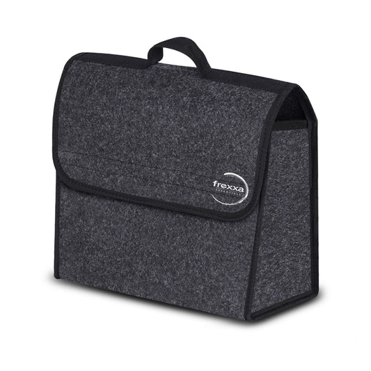 Gray bag with a brand logo on a white background