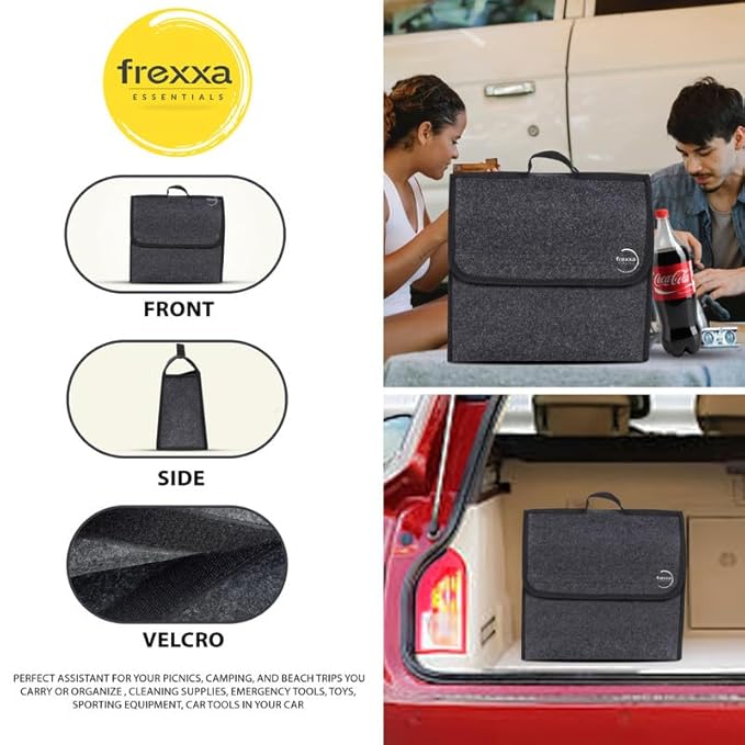 Black travel organizer with frexxa branding, shown in various angles and uses.