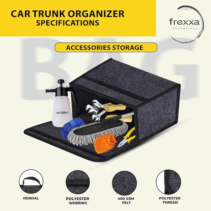 Car trunk organizer with accessories and frexxa logo on a light background