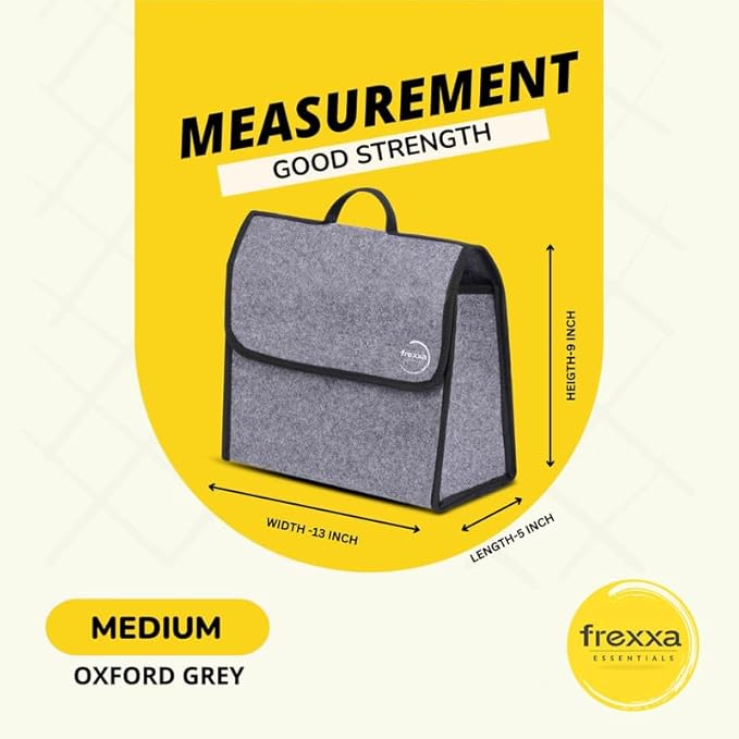 Gray backpack with measurements and frexxa branding on a yellow background
