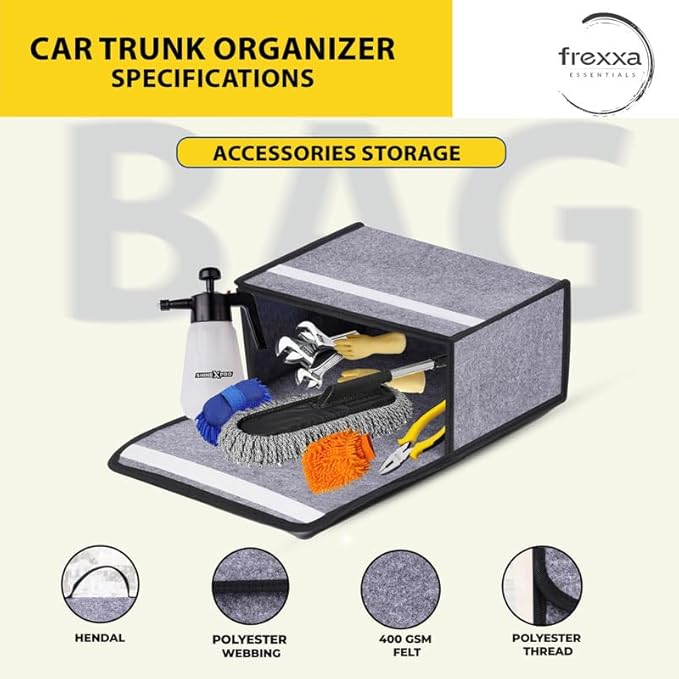 Car trunk organizer with tools and accessories on a white background, featuring frexxa brand.