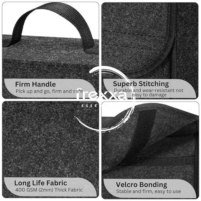 Collage of features including firm handle, superb stitching, long life fabric, and velcro bonding on a product.