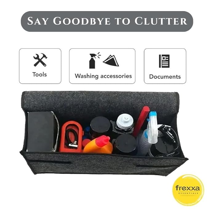 Black storage bin with tools, washing accessories, and documents labeled 'Say Goodbye to Clutter' with frexxa logo.