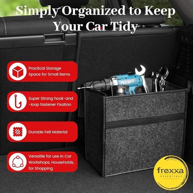 Car organizer with tools inside, featuring frexxa brand, on a car seat background.