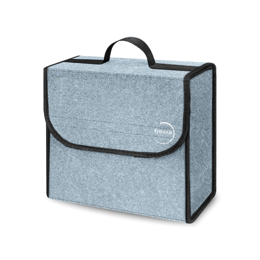 Gray storage bag with black trim and handle on a white background