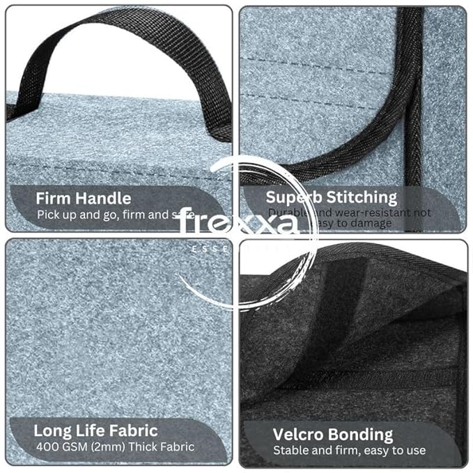 Collage of a bag with features labeled including firm handle, superb stitching, long life fabric, and velcro bonding.