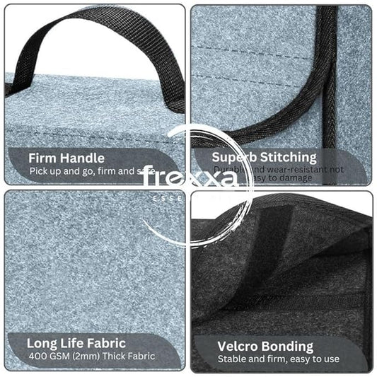 Collage of a bag with features labeled including firm handle, superb stitching, long life fabric, and velcro bonding.