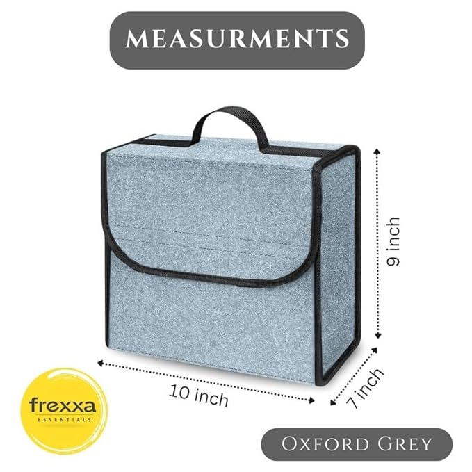 Gray storage box with black handle and measurements on a white background, featuring the frexxa logo.