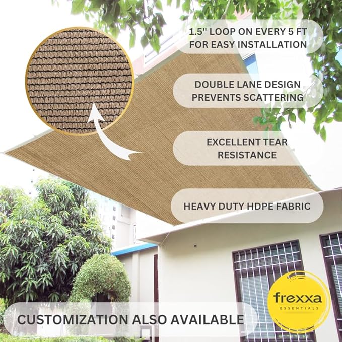 Brown fabric with product features and frexxa logo on a blurred outdoor background