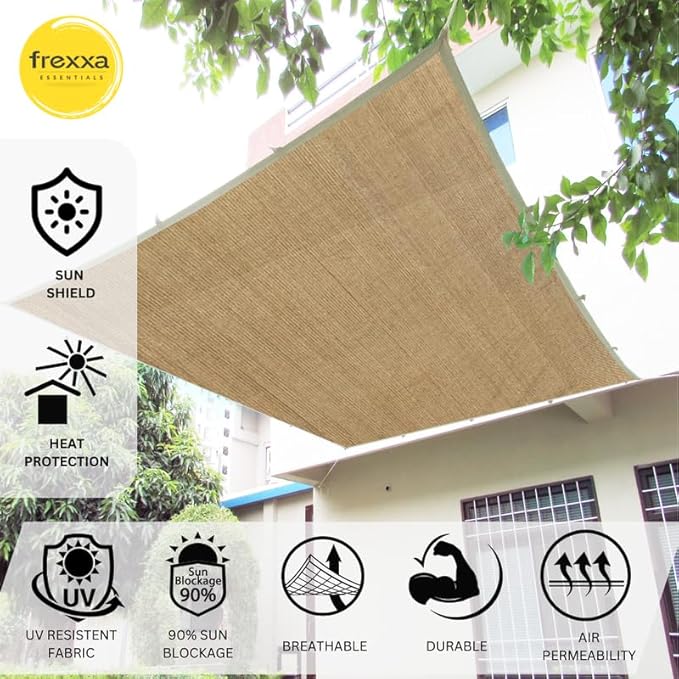 Brown sunshade fabric with frexxa branding and feature icons on a white background