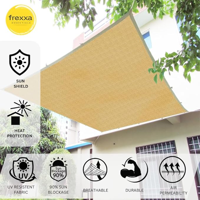 Sun shade sail with frexxa branding and features on a building background