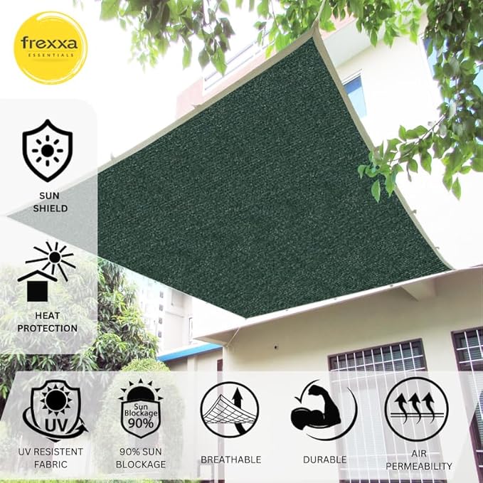 Green sunshade fabric with frexxa logo and features on a building background