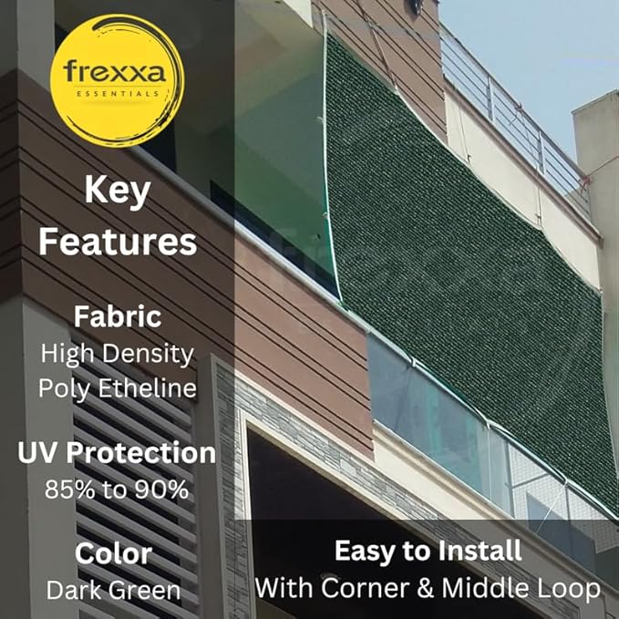 Green privacy screen on a building with frexxa branding and product features listed.