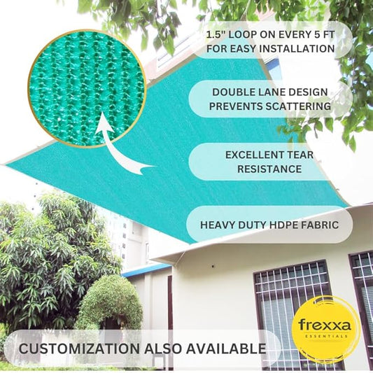 Teal fabric with installation instructions and frexxa logo on a house background