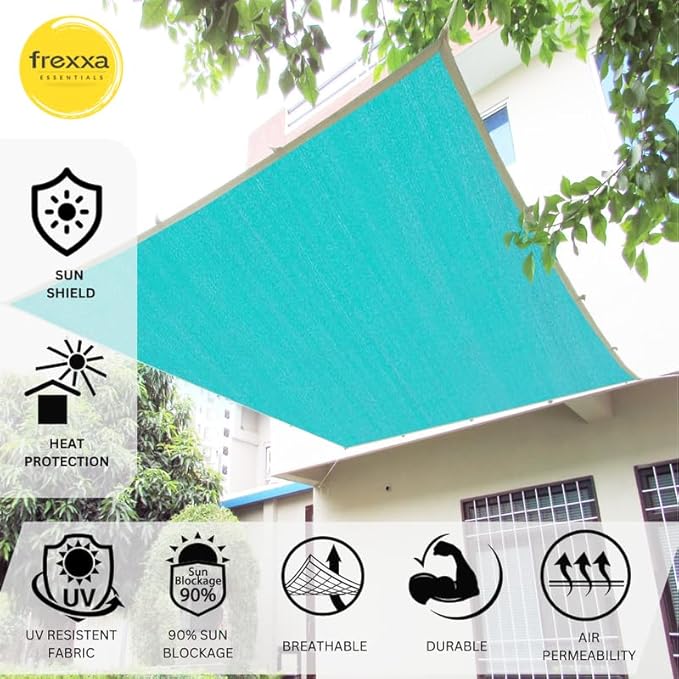 Teal sunshade on a building with frexxa branding and product features.