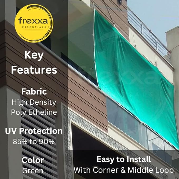 Green fabric on a balcony with frexxa branding and product features listed.