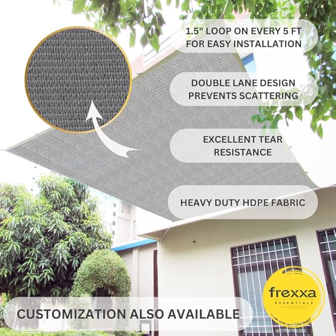 Sunscreen shade sail with installation details and frexxa brand logo.