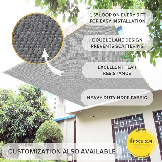 Sunscreen shade sail with installation details and frexxa brand logo.