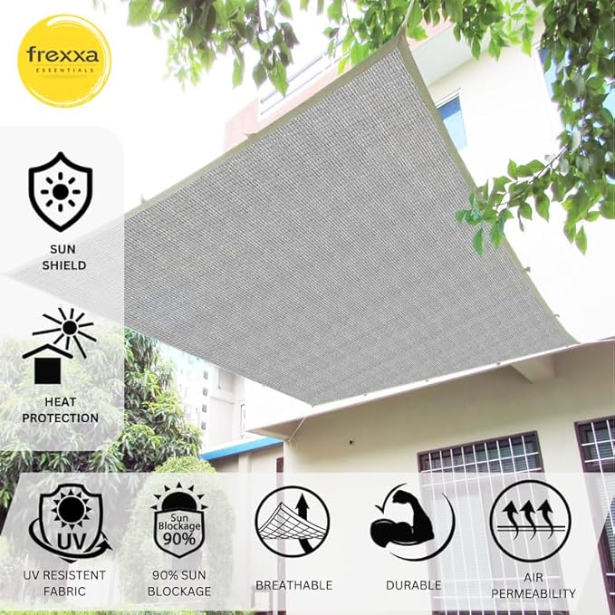 Gray sunshade fabric with frexxa branding and features on a white background