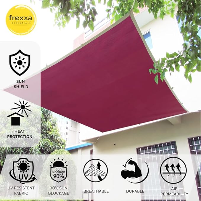 Maroon sunshade with frexxa branding and features on a building background