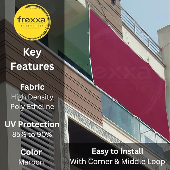 Maroon awning on a building with frexxa branding and product features listed.