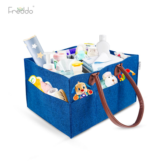 Blue storage caddy with baby items and Freddo branding on a white background