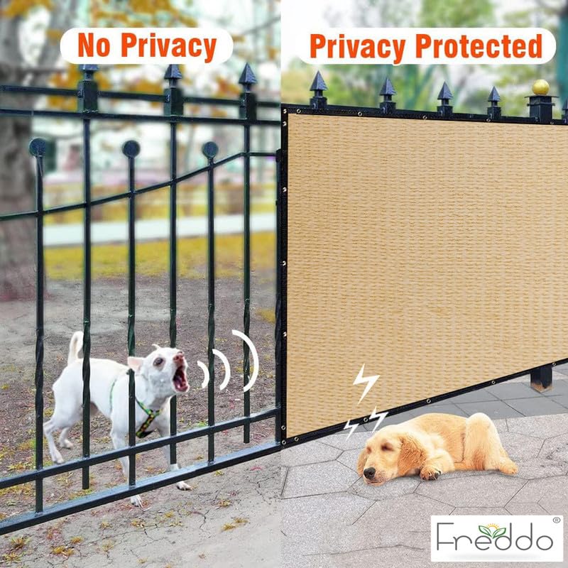 Privacy screen for a fence with a dog on the other side, showing 'No Privacy' and 'Privacy Protected' text.