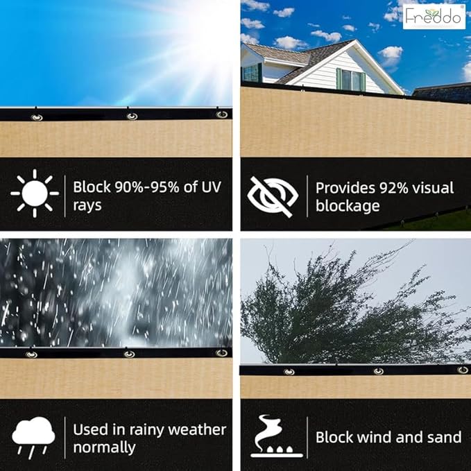Freedoo sunshade with features like UV blockage, visual blockage, rain resistance, and wind/sand blockage.