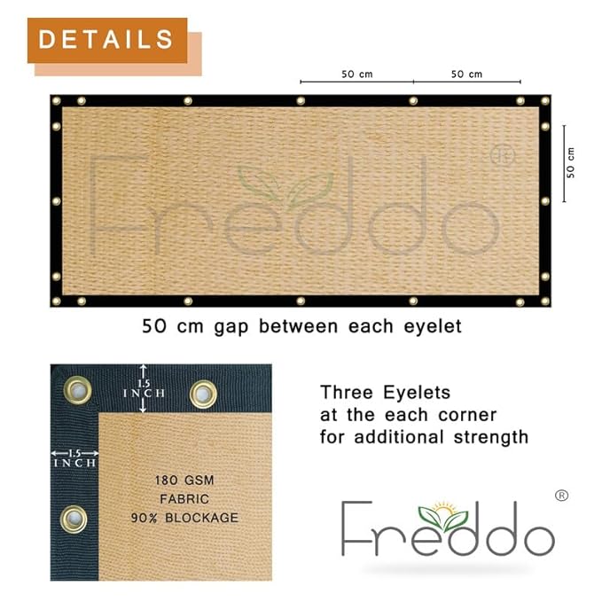 Freddo window screen with measurements and details on fabric and eyelets.