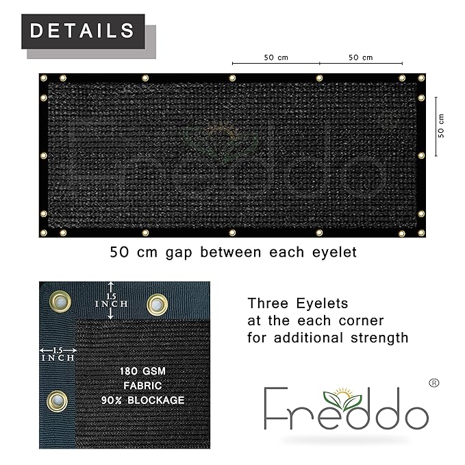 Black fabric panel with eyelets and Freddo branding, showing dimensions and material details.