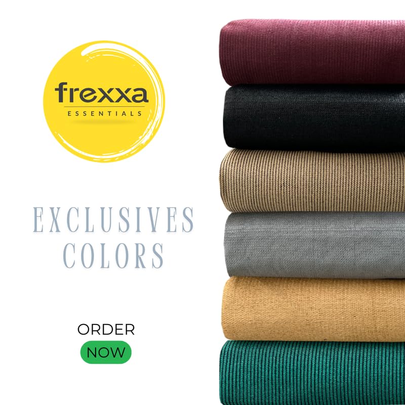 Stack of folded fabric swatches with frexxa Essentials logo and promotional text on a white background