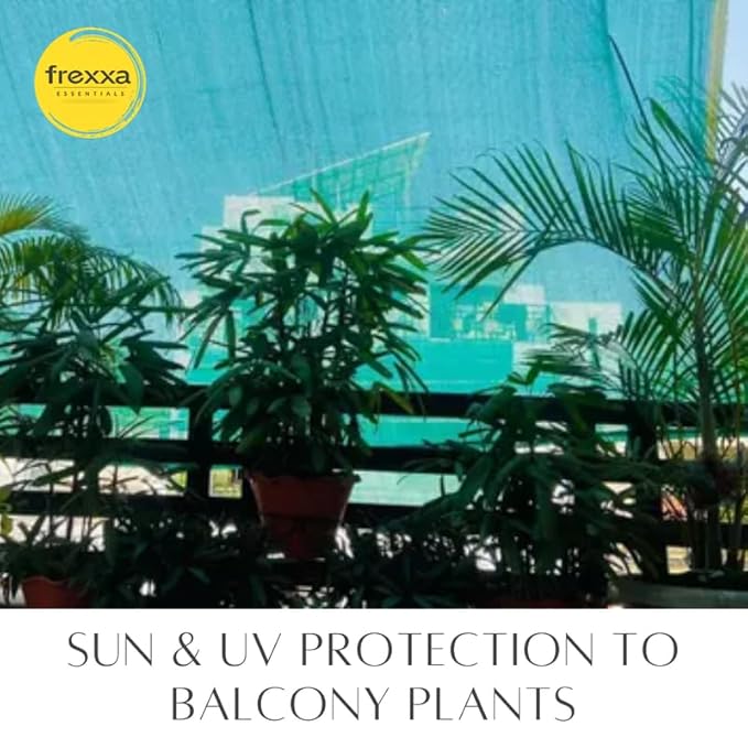 Balcony with plants and a blue sunshade, featuring frexxa brand.