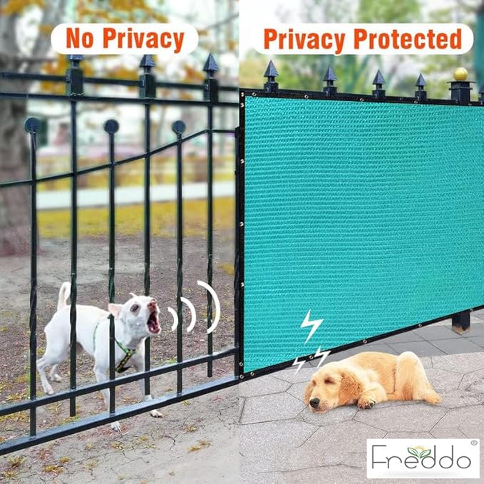 Fence with privacy screen showing 'No Privacy' on one side and 'Privacy Protected' on the other, with dogs on either side.