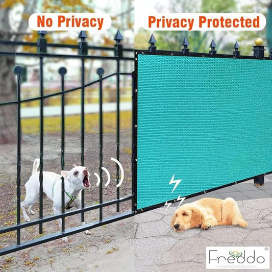 Fence with privacy screen showing 'No Privacy' on one side and 'Privacy Protected' on the other, with dogs on either side.