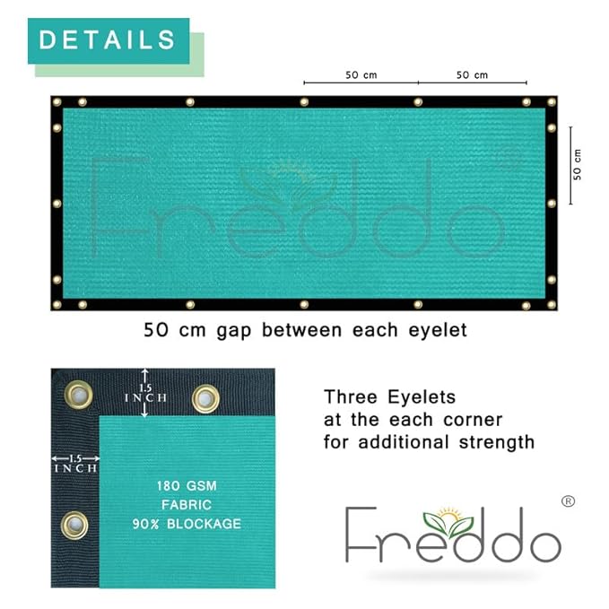 Teal fabric panel with Freddo branding and specifications on a white background