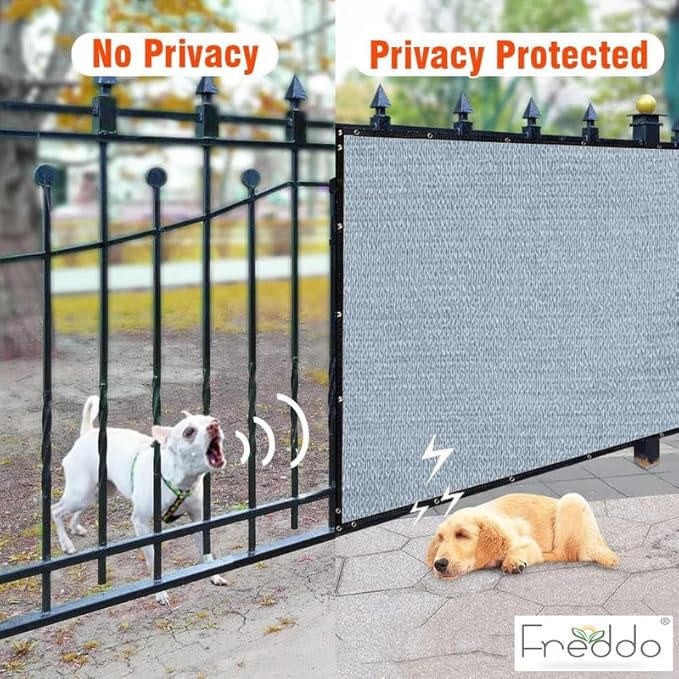 Privacy screen for a fence with two dogs, one on each side, labeled 'No Privacy' and 'Privacy Protected'.