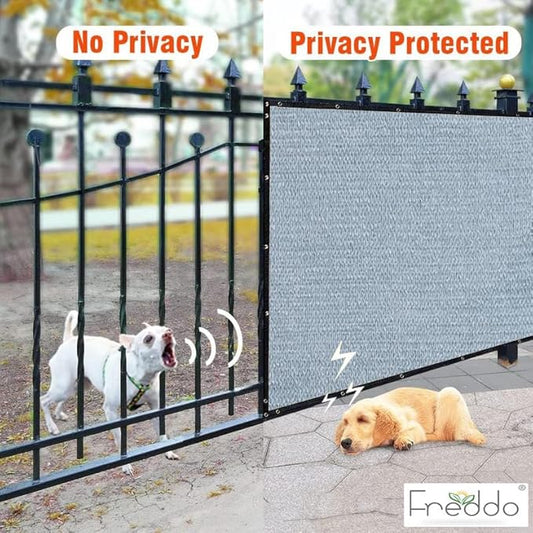Privacy screen for a fence with two dogs, one on each side, labeled 'No Privacy' and 'Privacy Protected'.