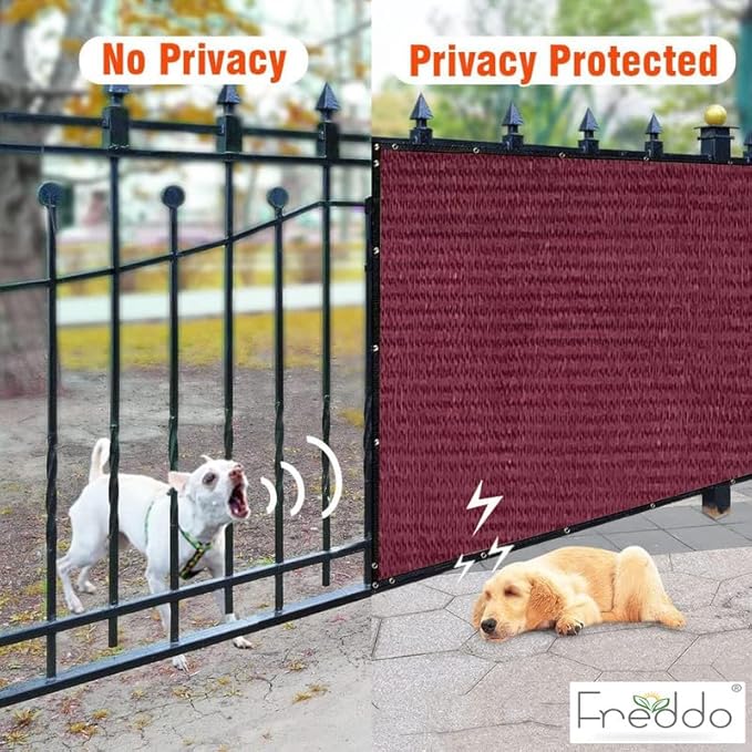 Before and after comparison of a fence with and without privacy screen, showing a dog barking and then resting, with Freddo branding.