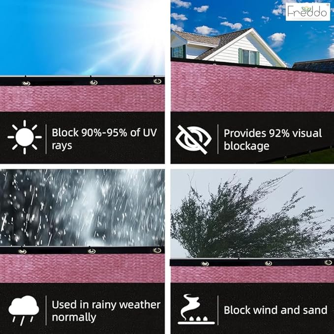 Product features with text on UV rays, visual blockage, rain resistance, and wind/sand blockage.