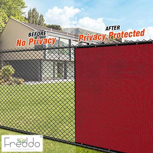 Before and after comparison of a fence with privacy screen, showing 'No Privacy' on the left and 'Privacy Protected' on the right, with Freddo brand visible.