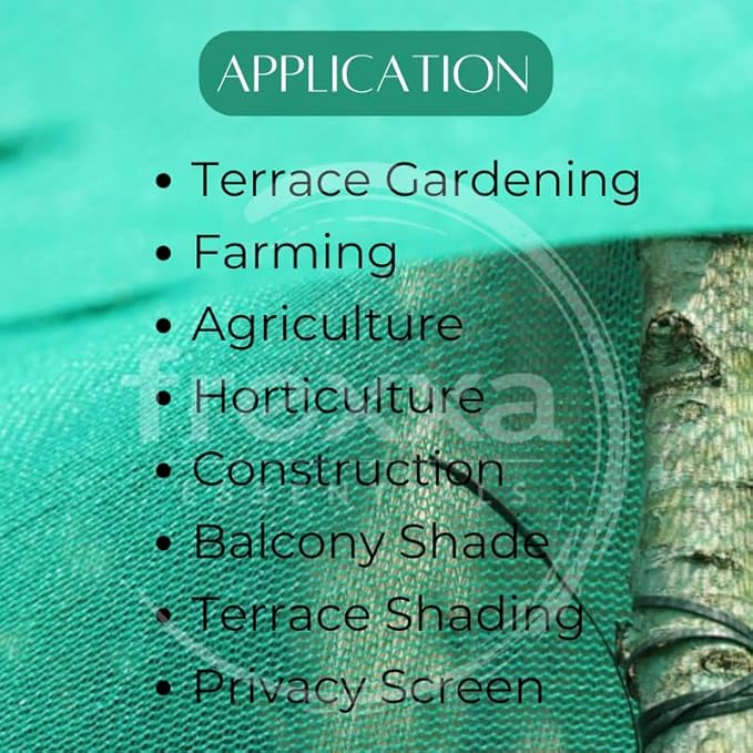 Teal fabric with text listing applications including terrace gardening, farming, agriculture, etc.
