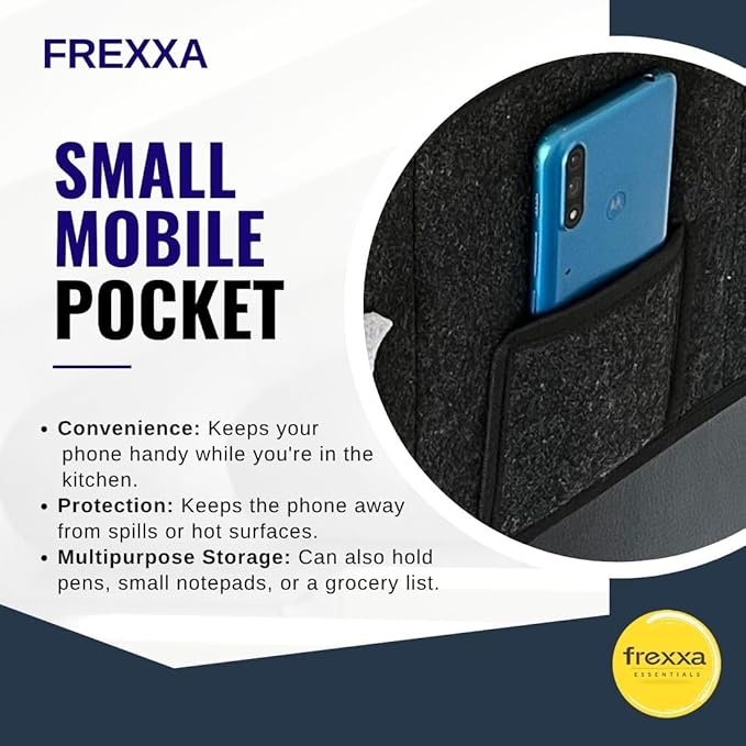 Frexxa small mobile pocket with a blue phone inside, featuring text on convenience, protection, and multipurpose storage.