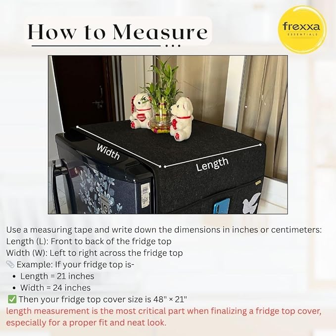 Instructional graphic on measuring a fridge top cover with frexxa branding.