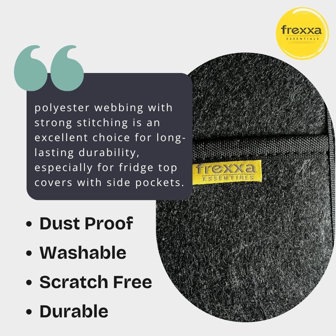 Close-up of frexxa essentials product with text about durability and features.