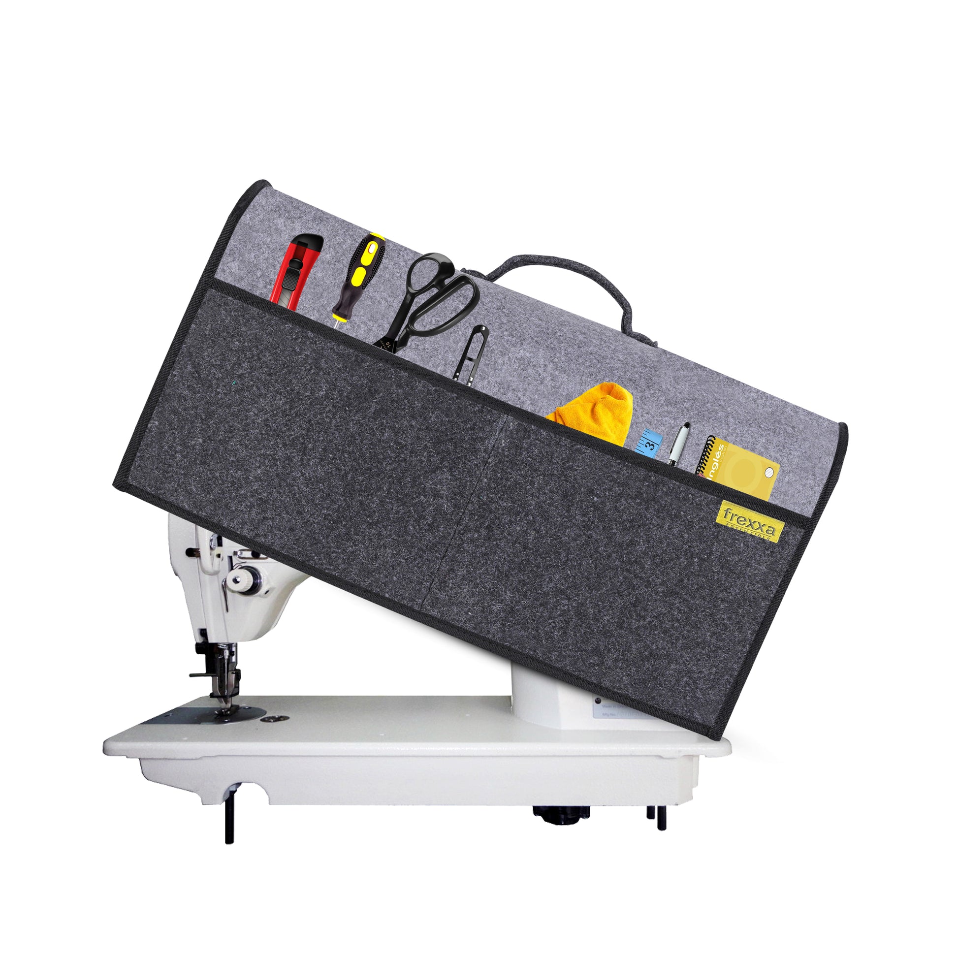 Sewing machine with a gray storage bag on a white background