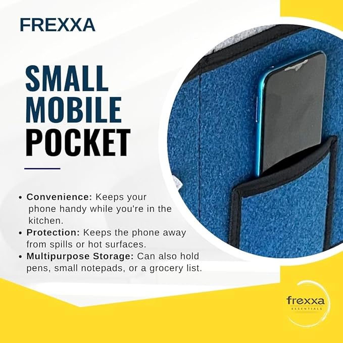 Frexxa small mobile pocket with phone holder on a blue bag, featuring text about its uses.