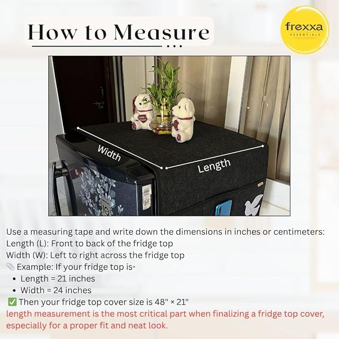 Measurement guide for a frexza fridge top cover with text and product image.