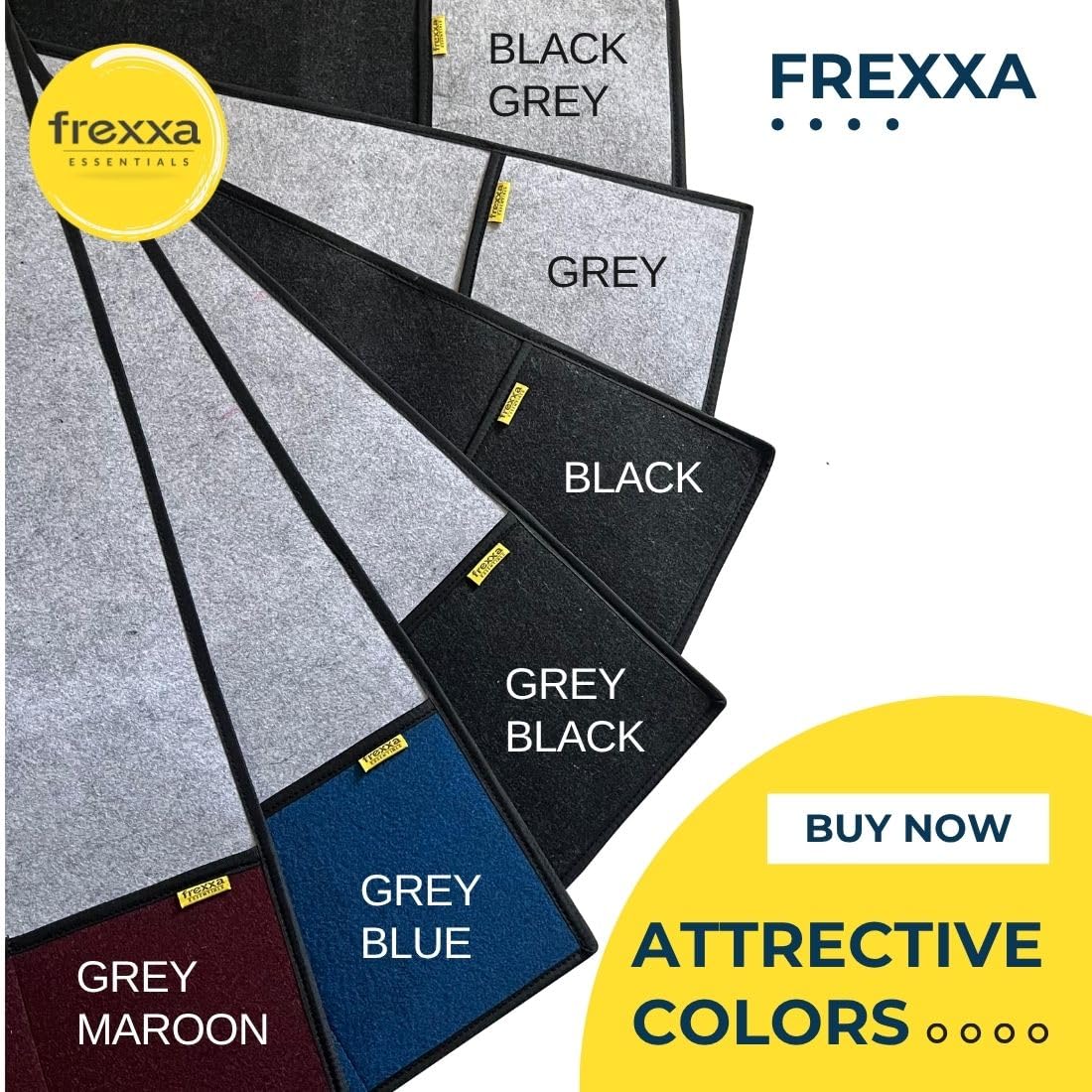 Frexxa carpet samples in various colors with brand name and 'Buy Now' call to action.