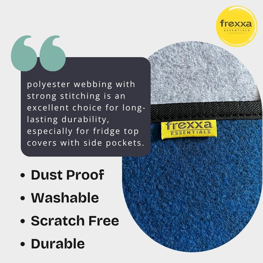 Blue and gray fabric with frexxa label, text about fabric properties on a light gray background