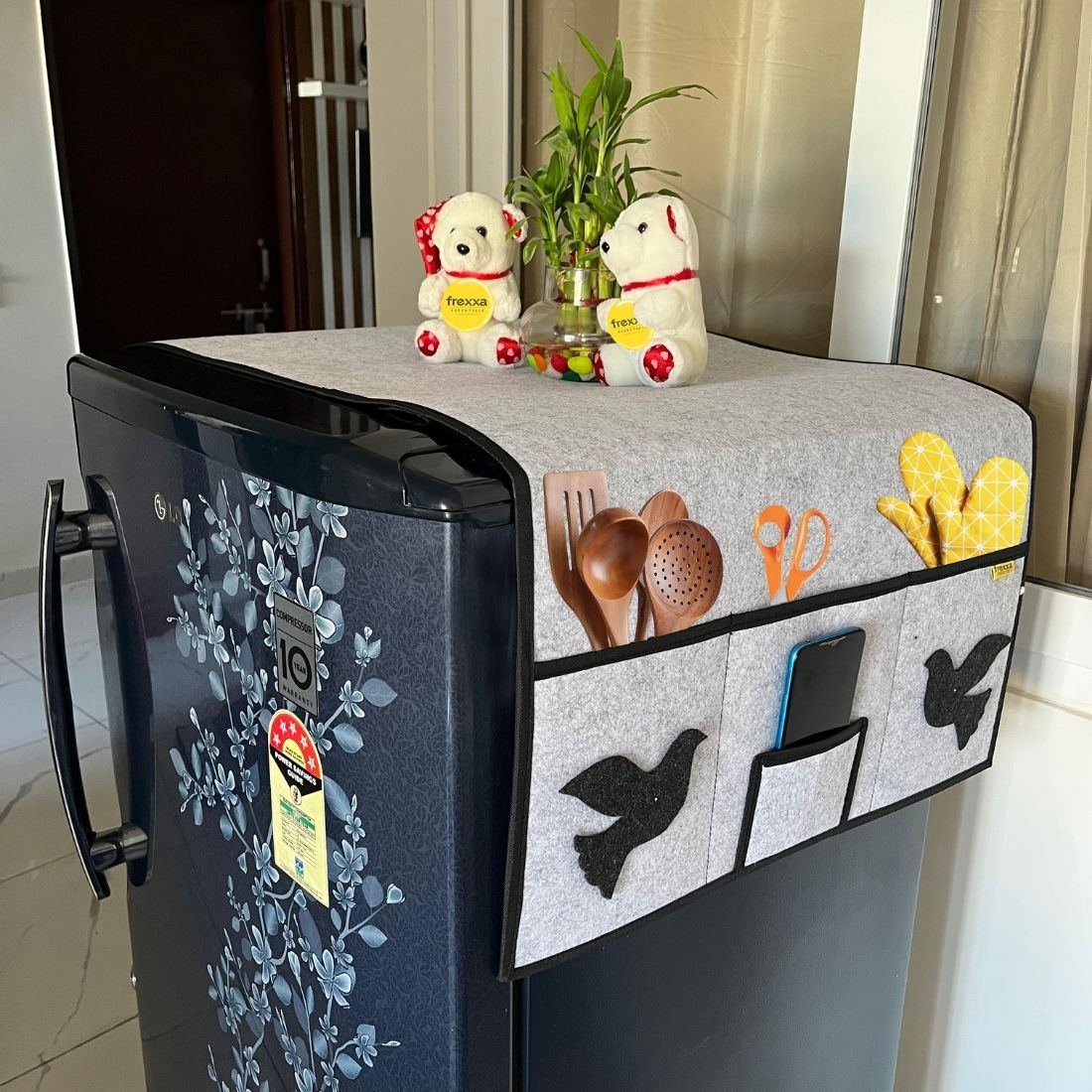 Frexxa Grey Fridge Top Cover – Waterproof and Dustproof Refrigerator Protective Cover with Side Pockets
